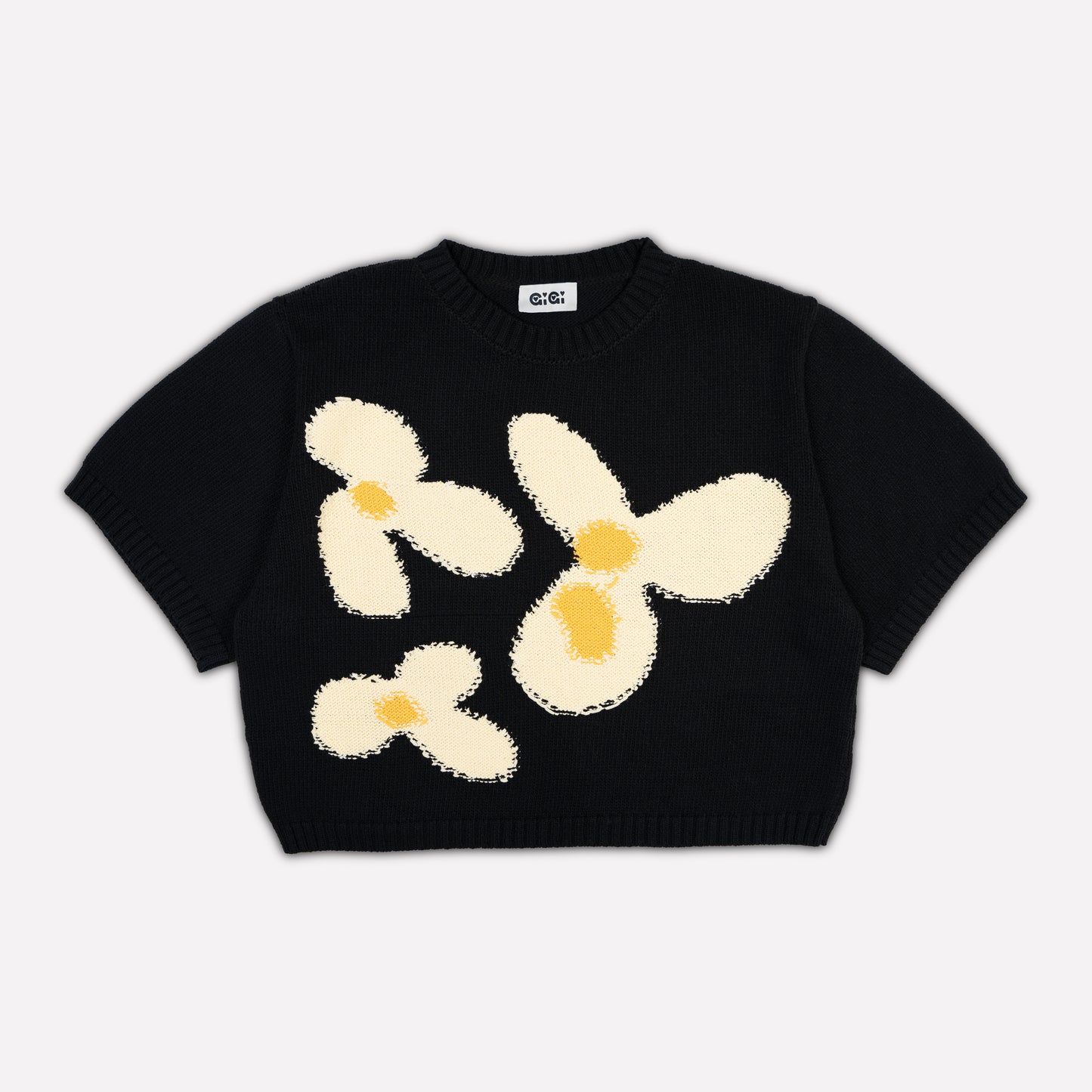 Flower Cotton Knit T-shirt Sweater in Black
