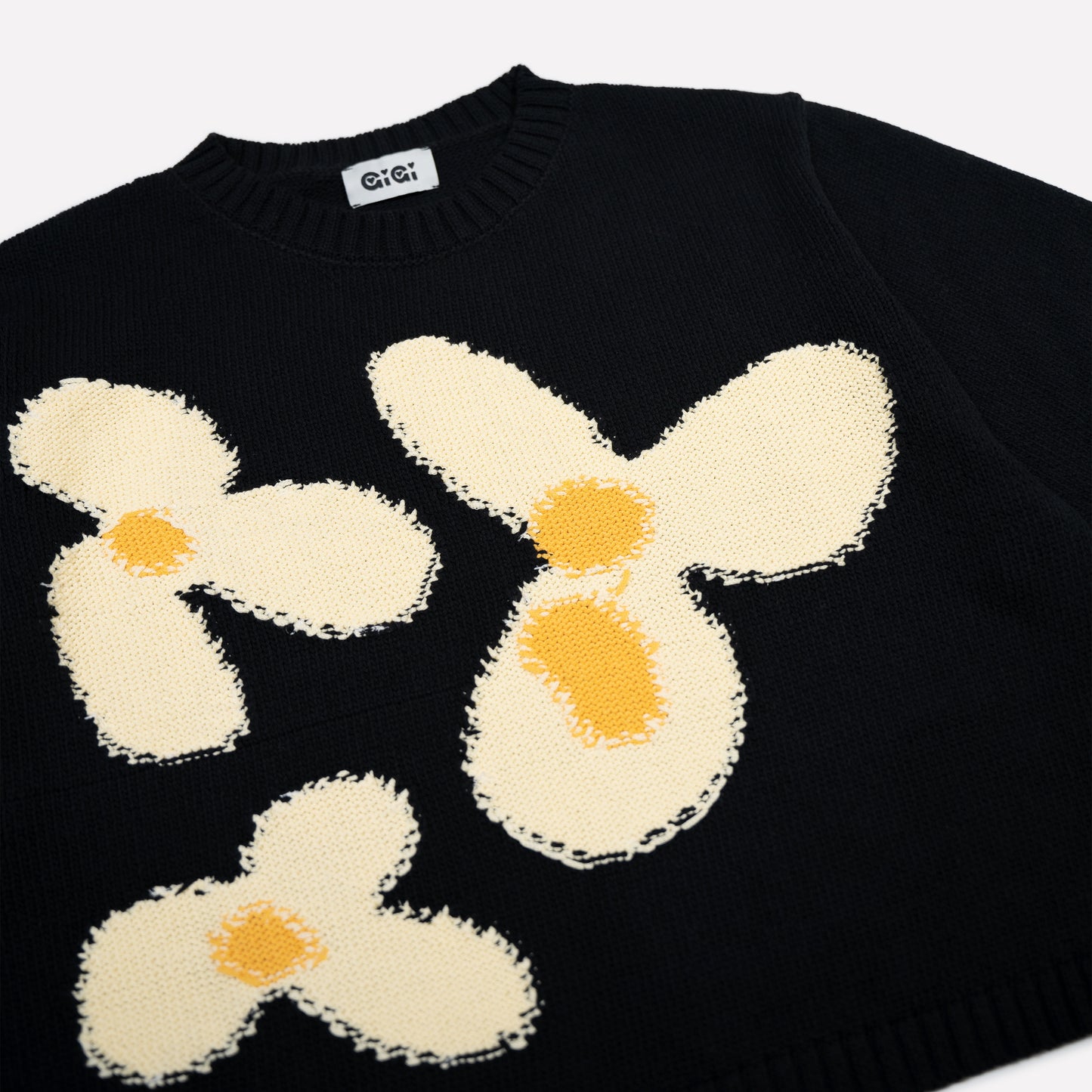 Flower Cotton Knit T-shirt Sweater in Black