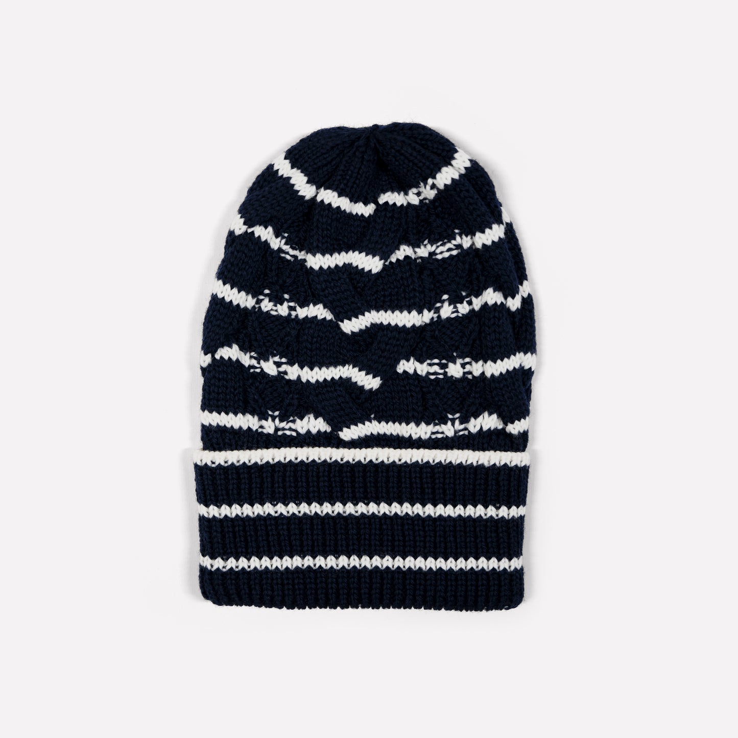 Cable Hat in Navy & Ivory Stripe