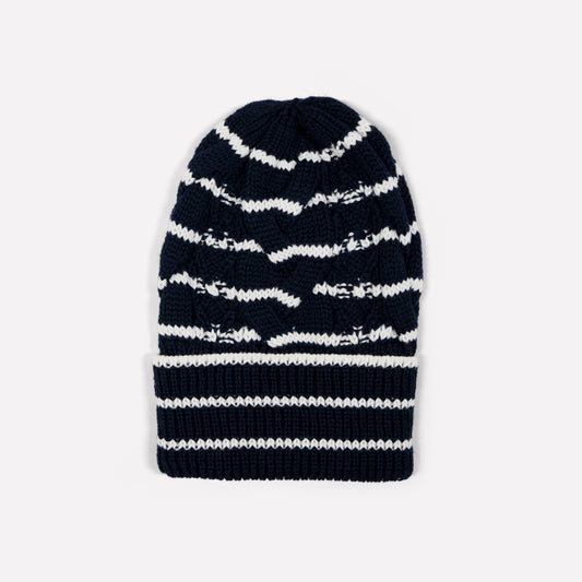 Cable Hat in Navy & Ivory Stripe