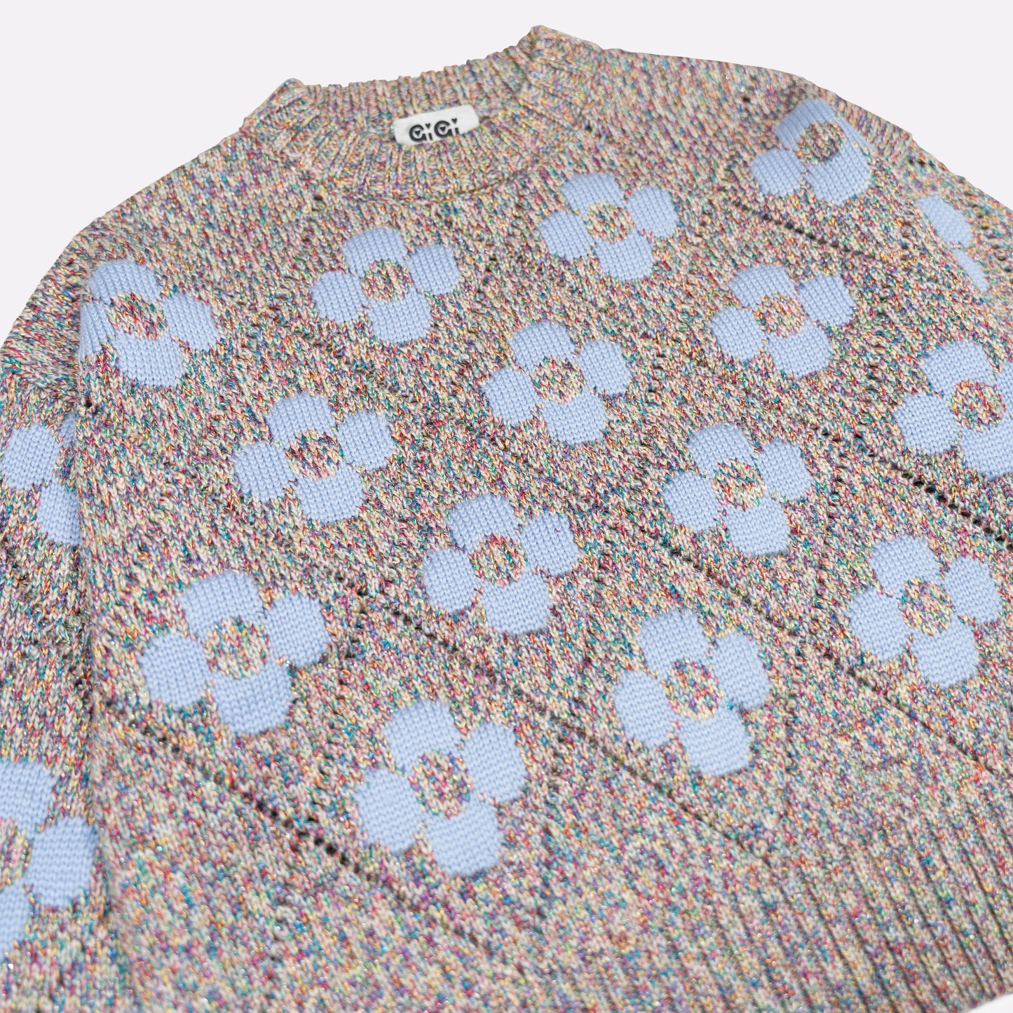 Flower Power Sweater in Beige Multi Lurex & Light Blue
