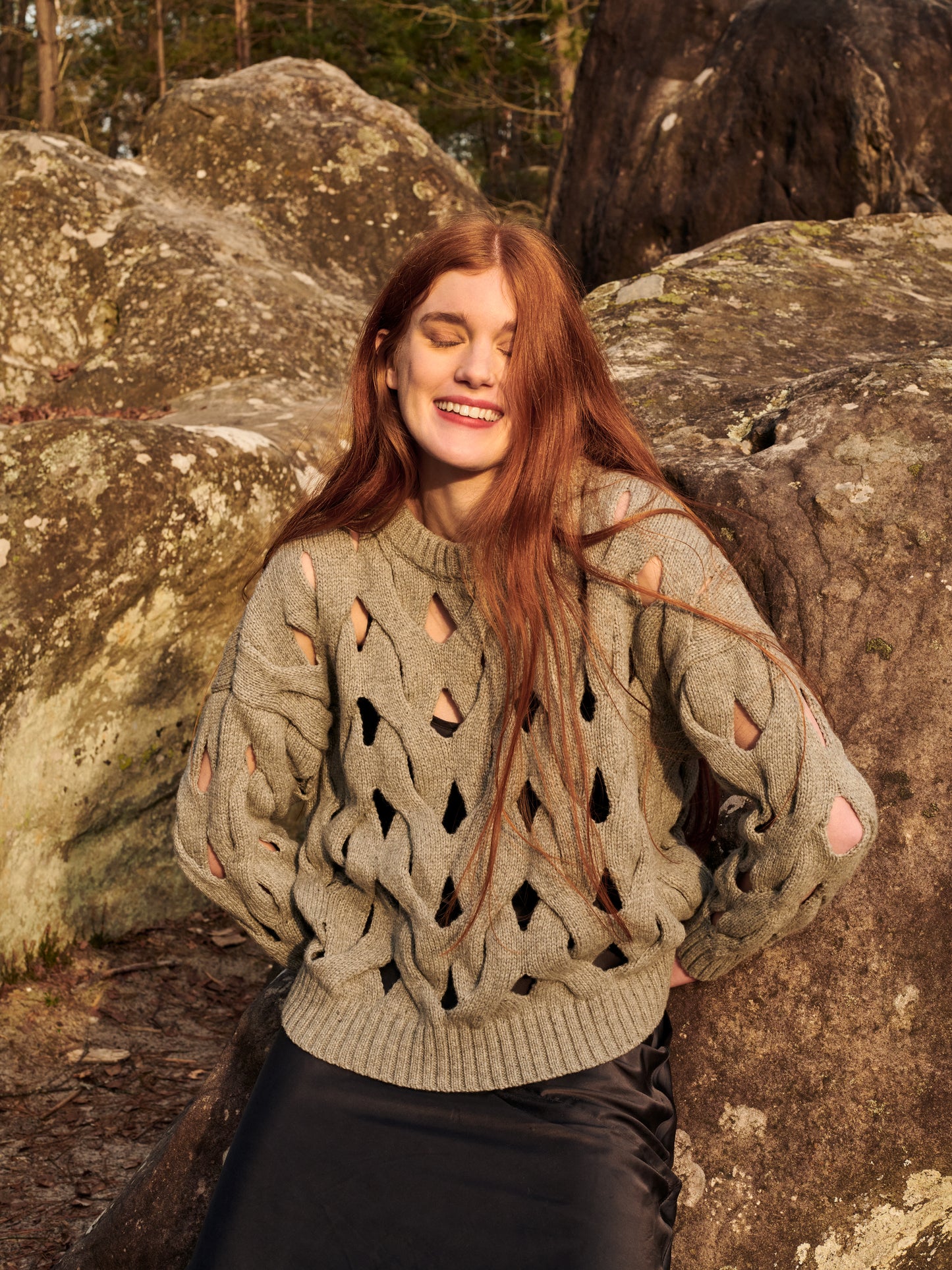 Open Cable Sweater in Grey