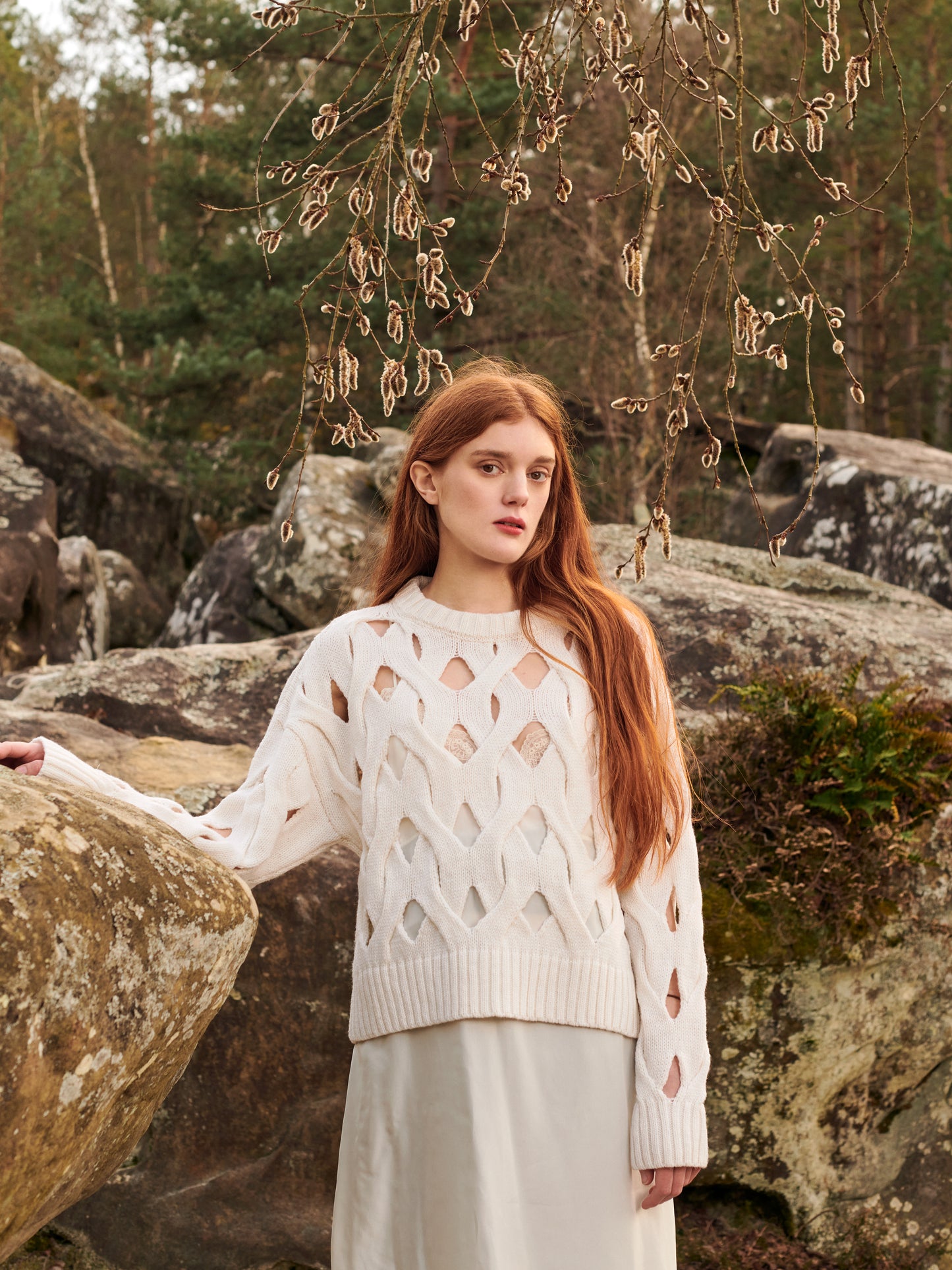 Open Cable Sweater in Ivory