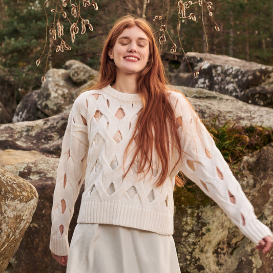 Open Cable Sweater in Ivory