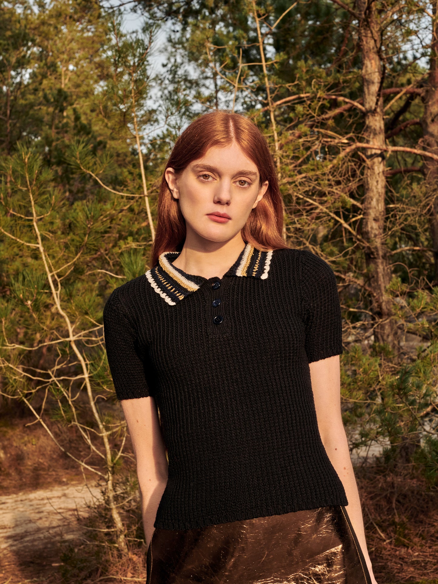 Crochet Polo Top in Black