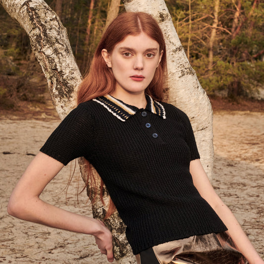 Crochet Polo Top in Black