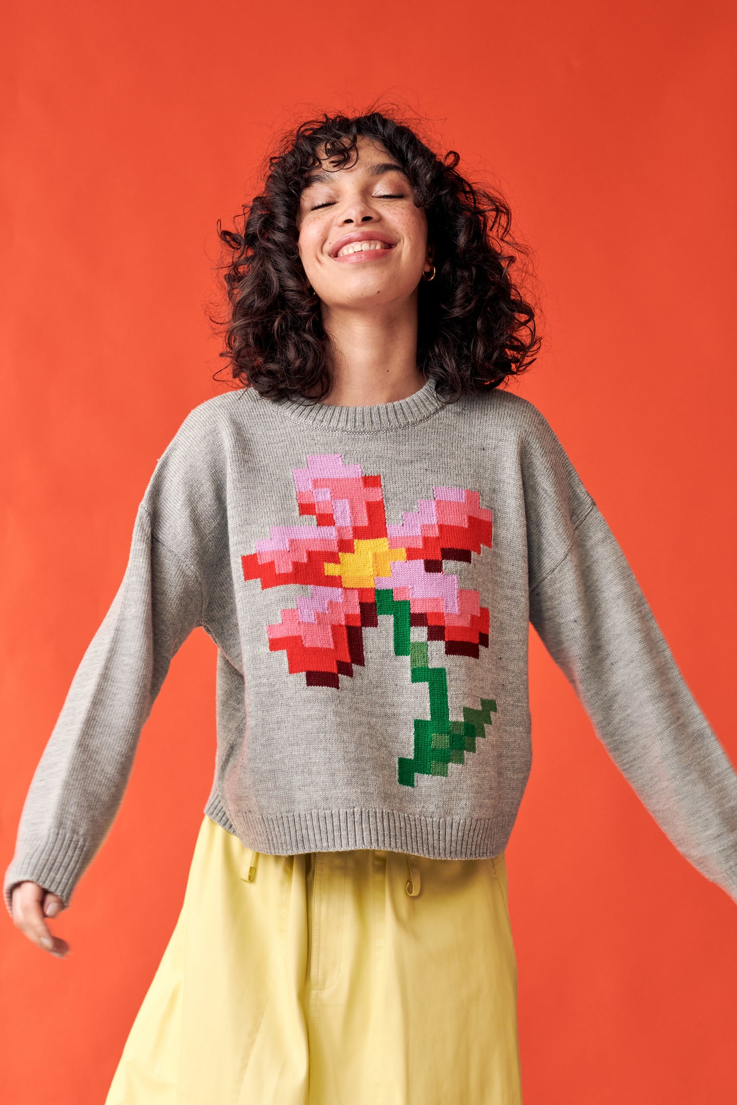 Pixel Flower Sweater in Grey Multi