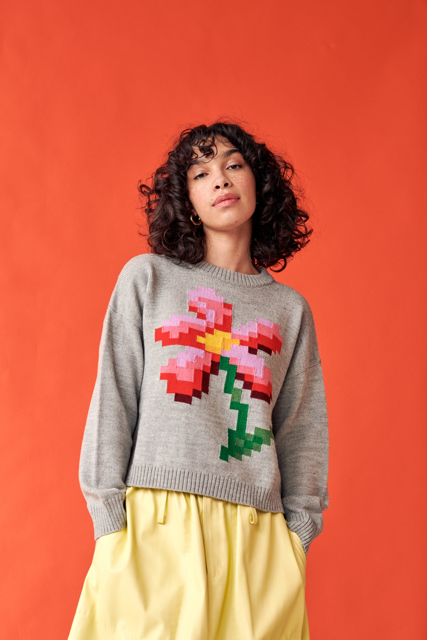 Pixel Flower Sweater in Grey Multi