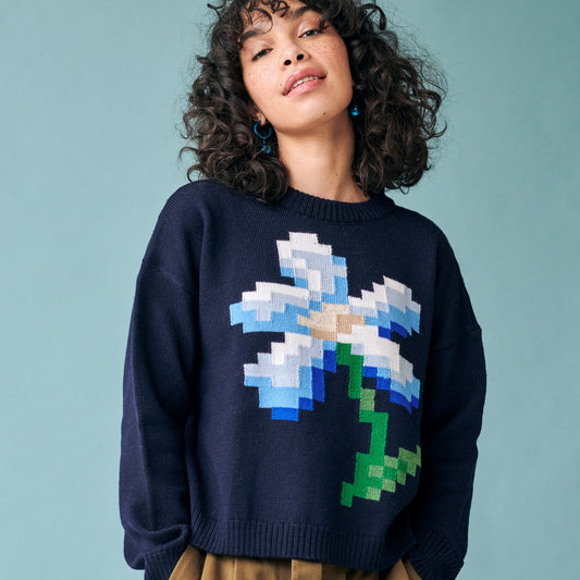 Pixel Flower Sweater in Navy Multi