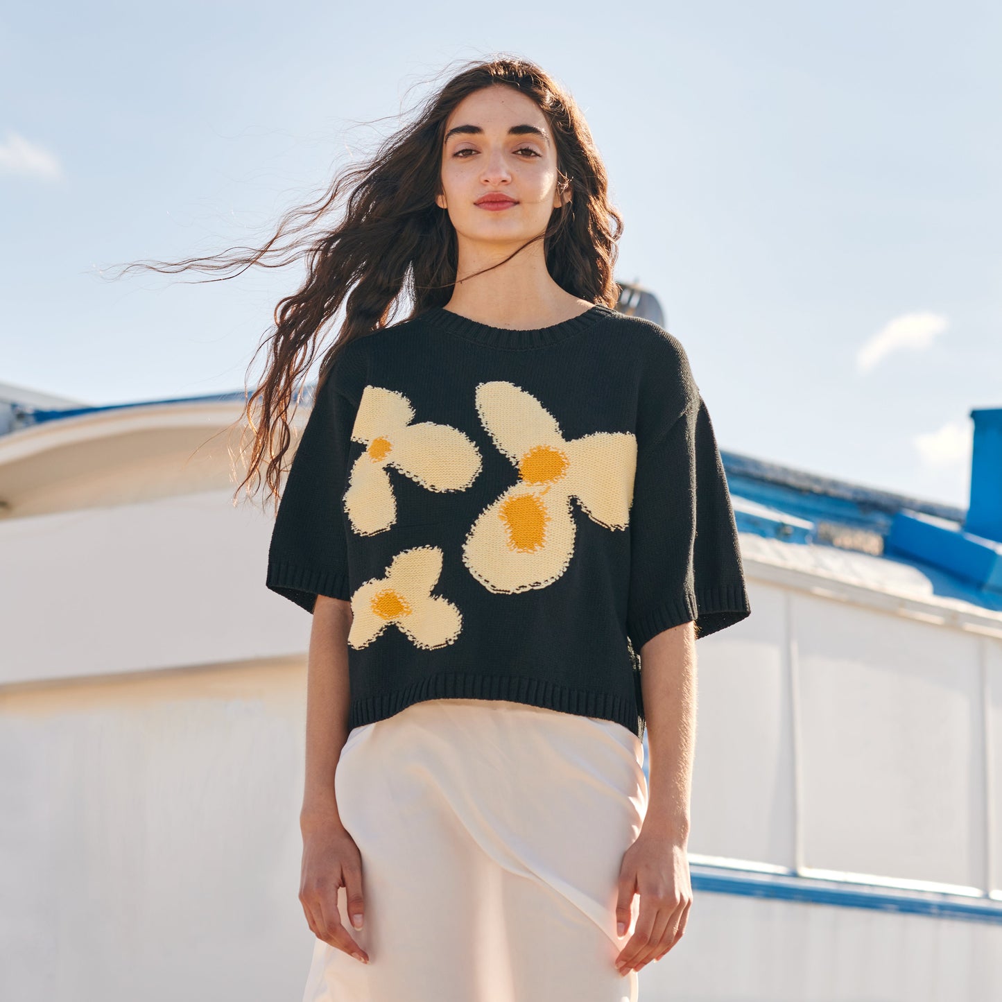 Flower Cotton Knit T-shirt Sweater in Black
