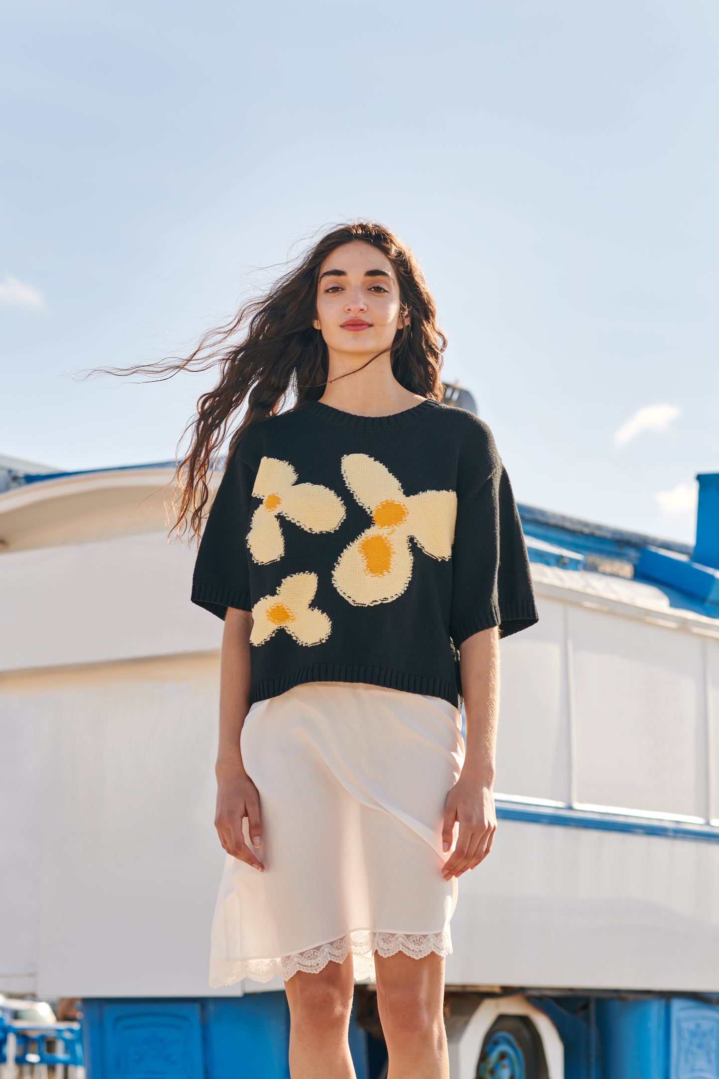 Flower Cotton Knit T-shirt Sweater in Black