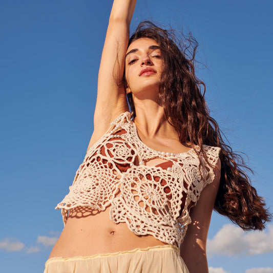 Crochet Pearl Cotton Top In Natural