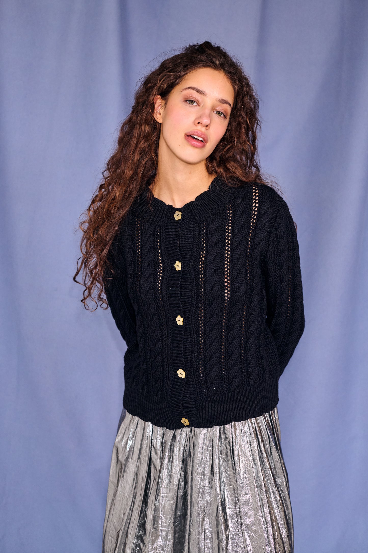Ailis Eyelet Cardigan in Black