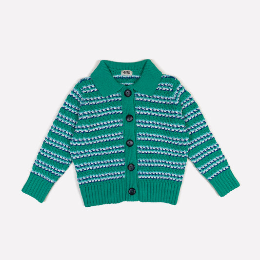 Stripe Polo Cotton Cardgan In Green Multi