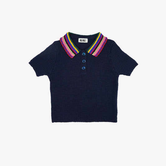 Crochet Polo Top in Navy