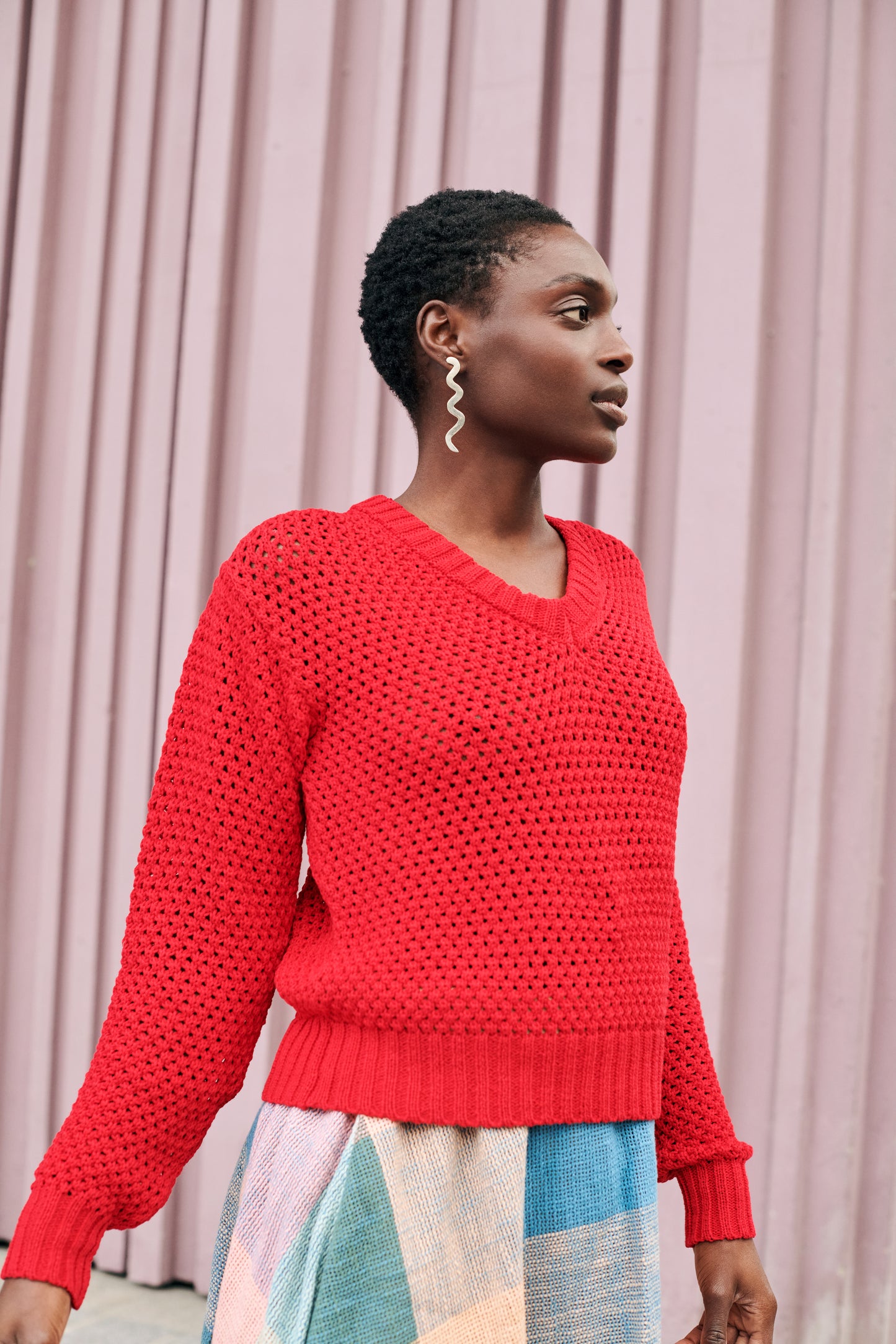 Mesh Cotton Sweater in Red