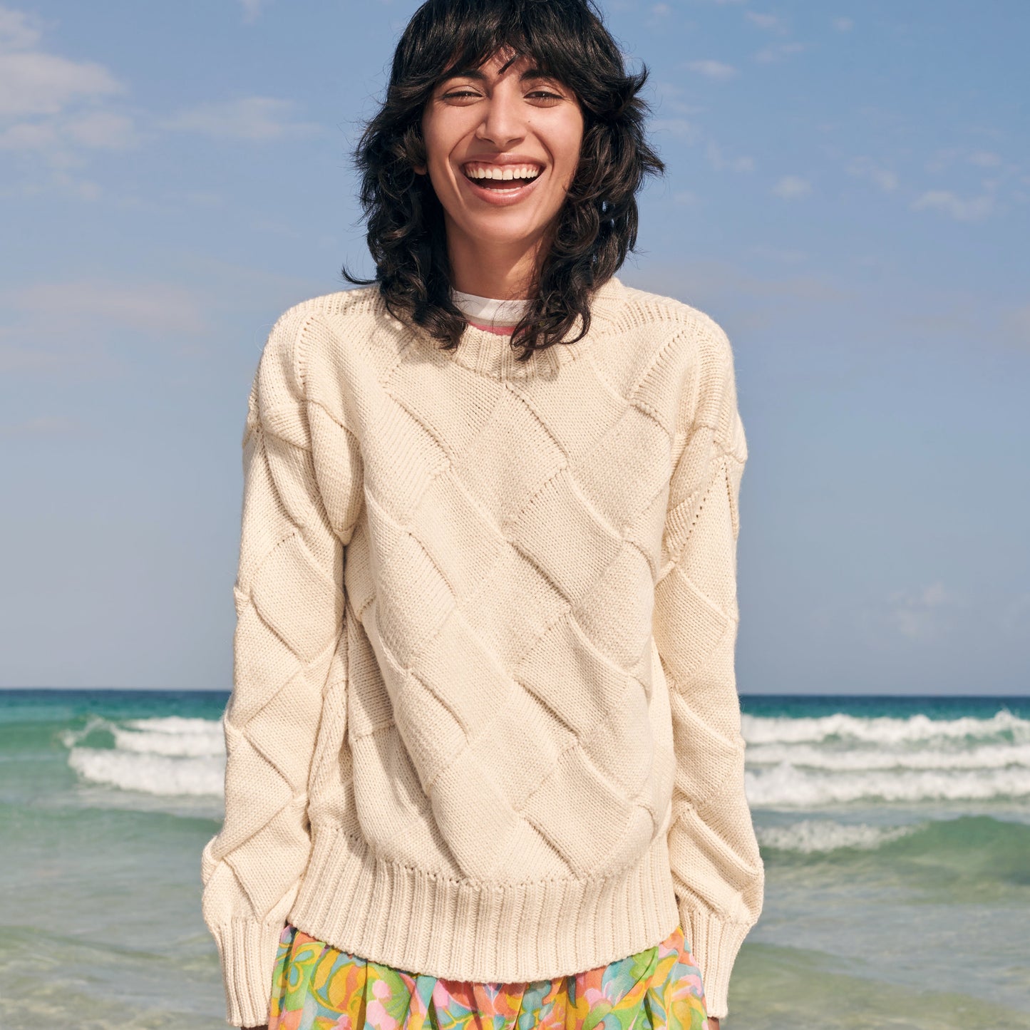 Basket-Weave Sweater in Cream