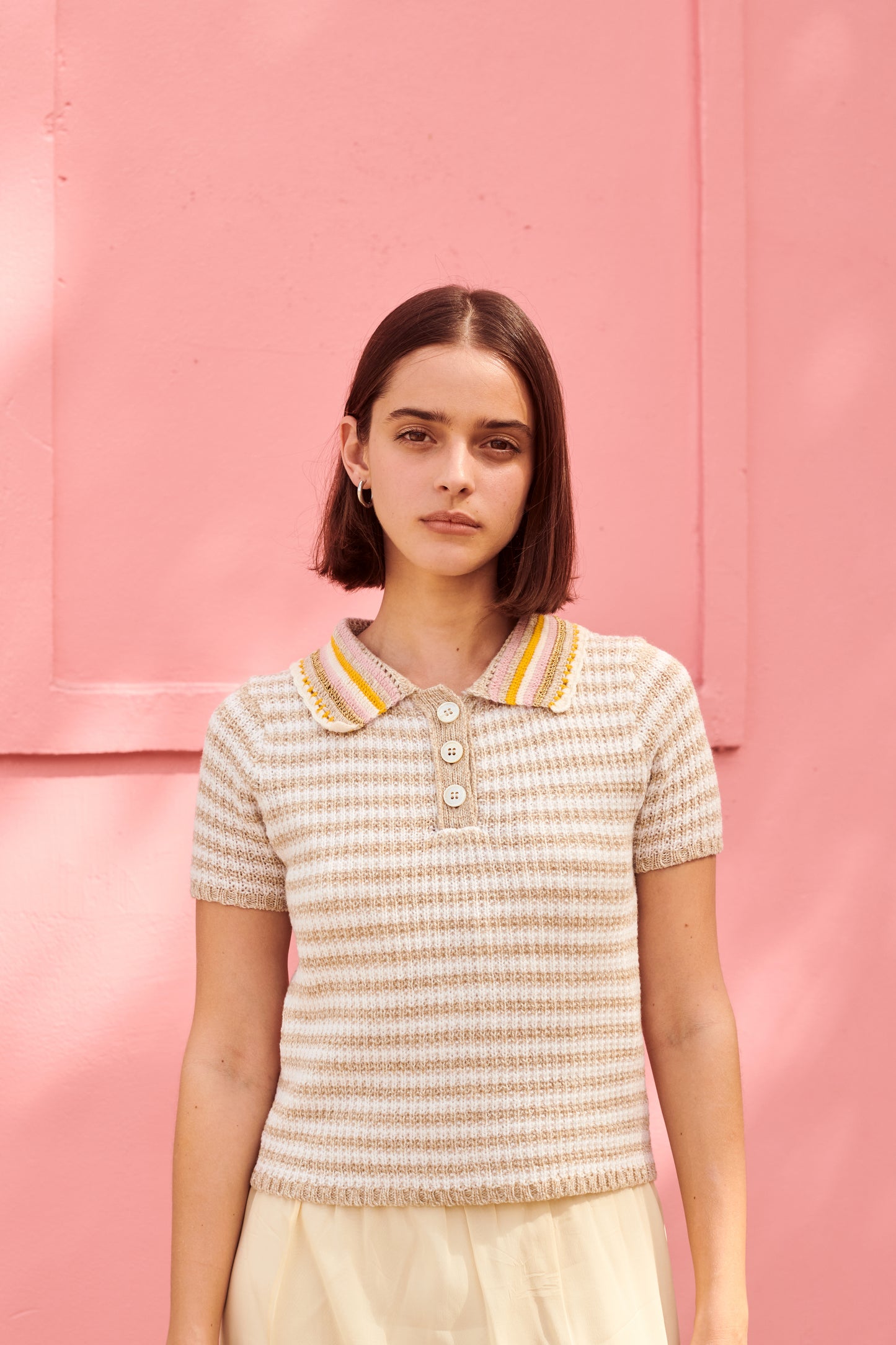 Crochet Polo Top in Beige