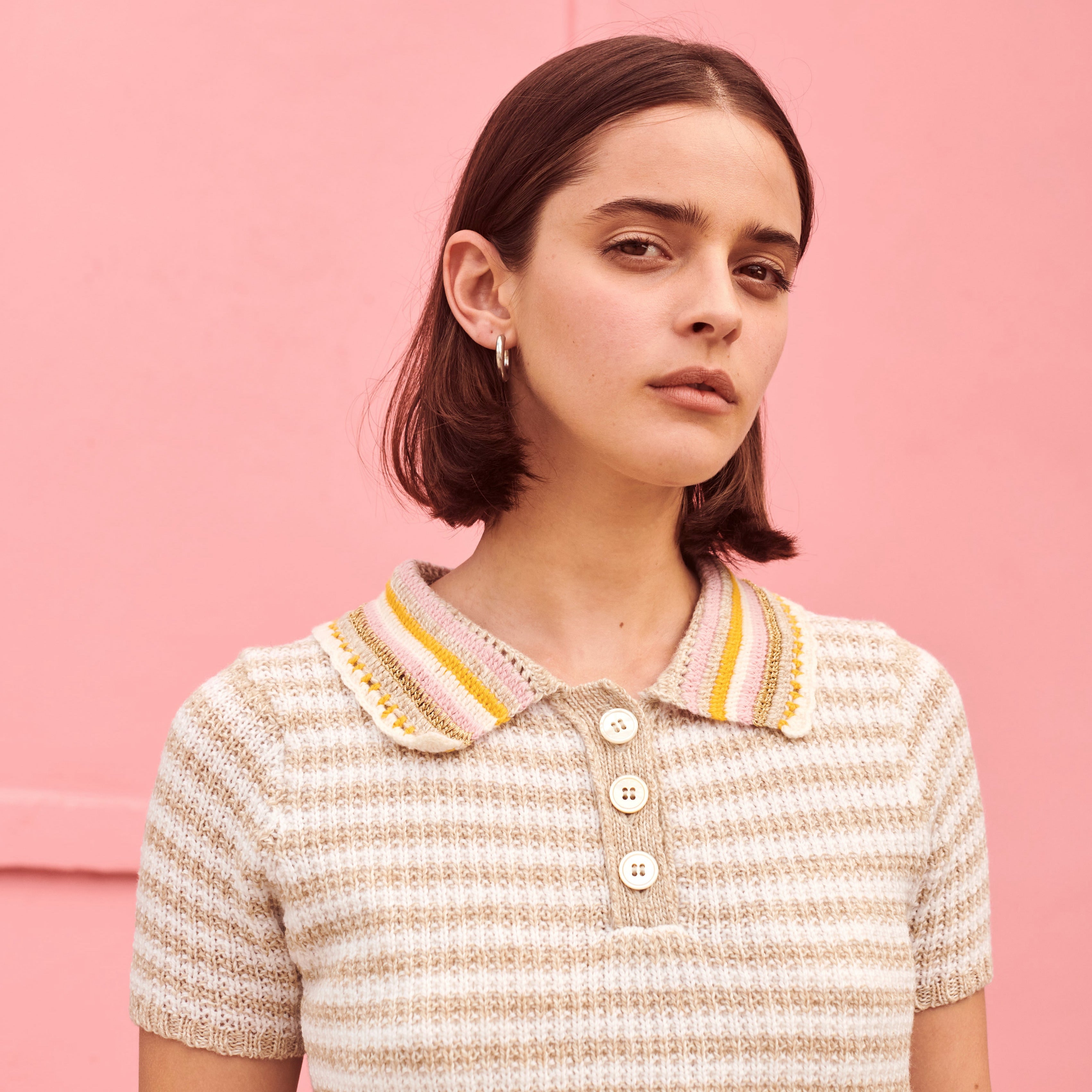 Crochet Polo Top in Beige