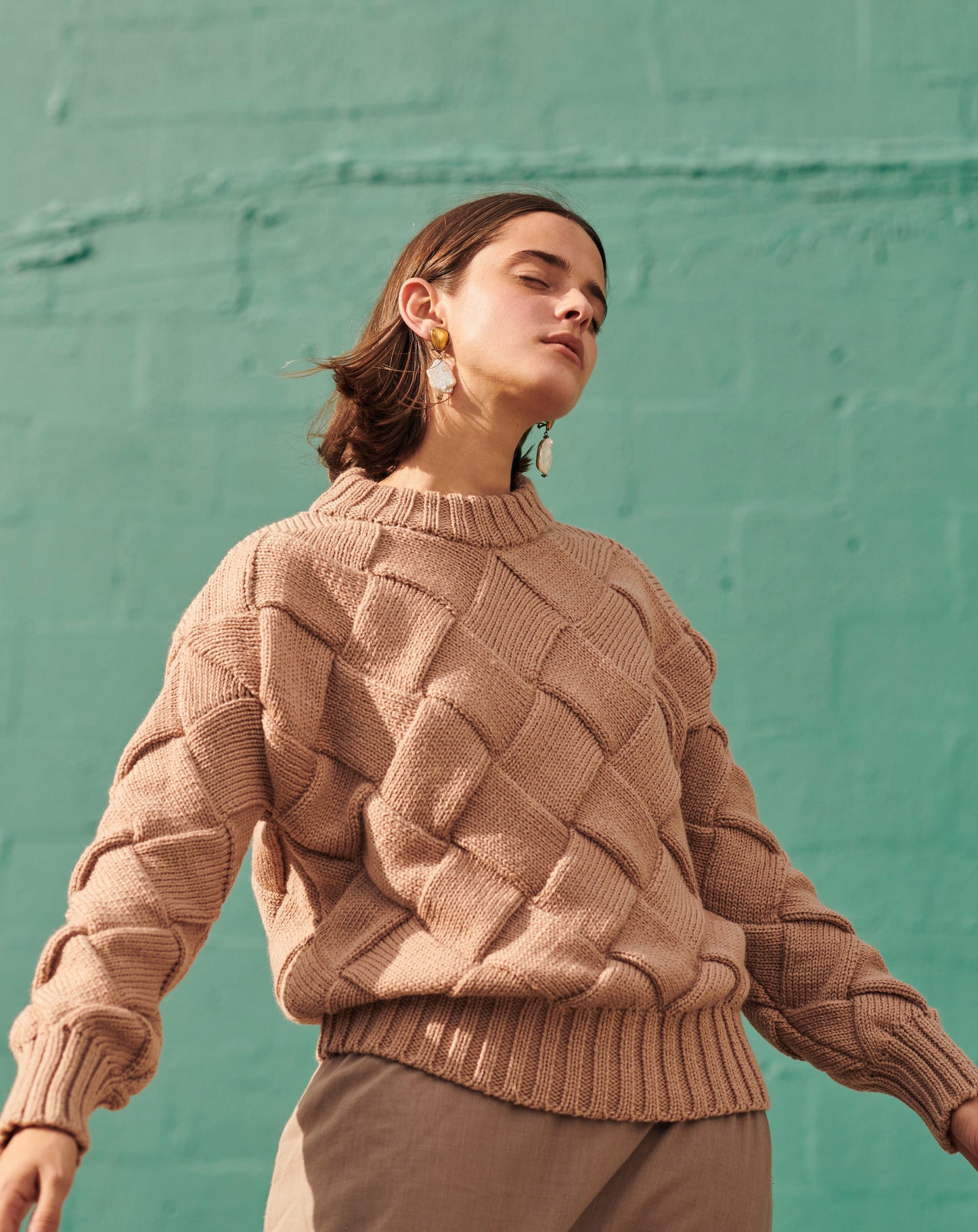 Basket-Weave Sweater in Beige