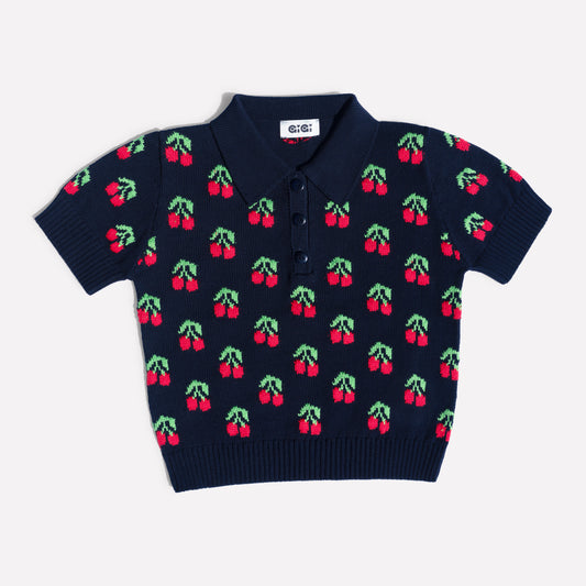 Cherry Polo Top, Navy