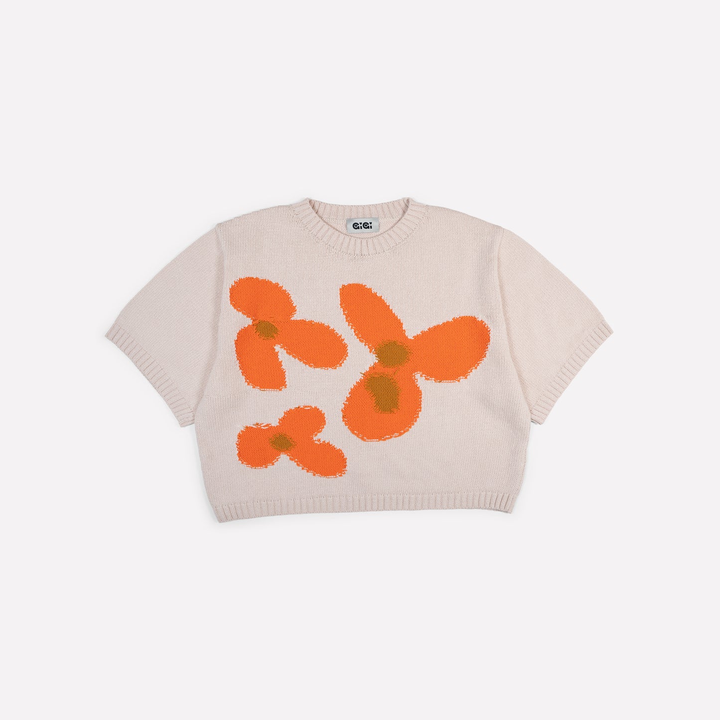 Flower Cotton Knit T-shirt in Natural