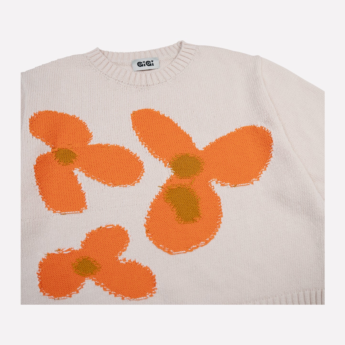 Flower Cotton Knit T-shirt in Natural