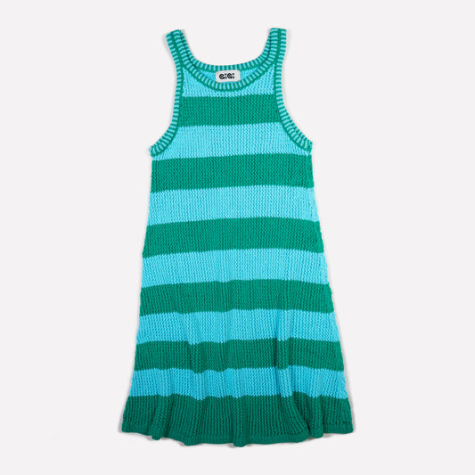 Mesh Cotton Tank Dress in Turquoise and Green Stripe