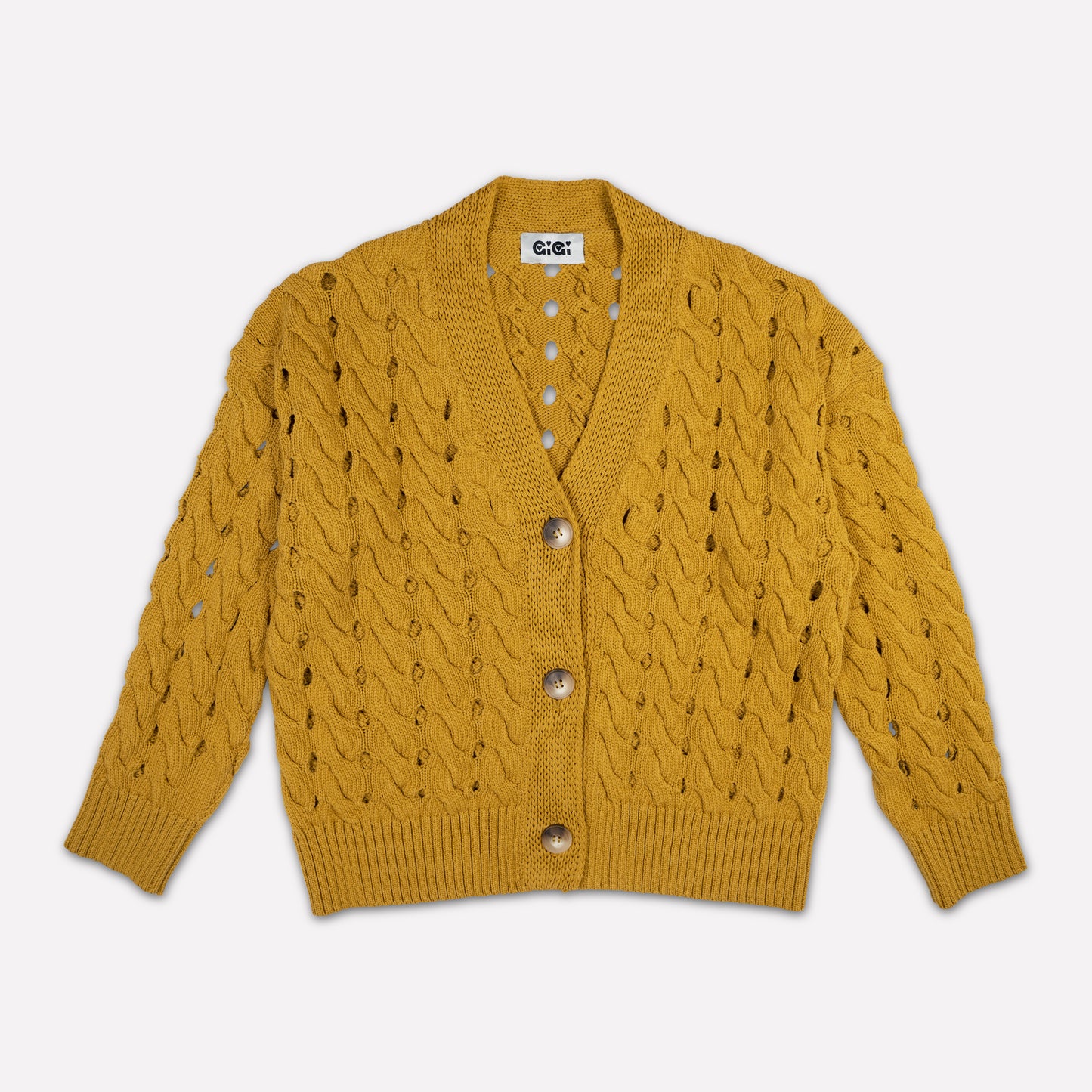 Open Cable Cotton Cardigan in Mustard