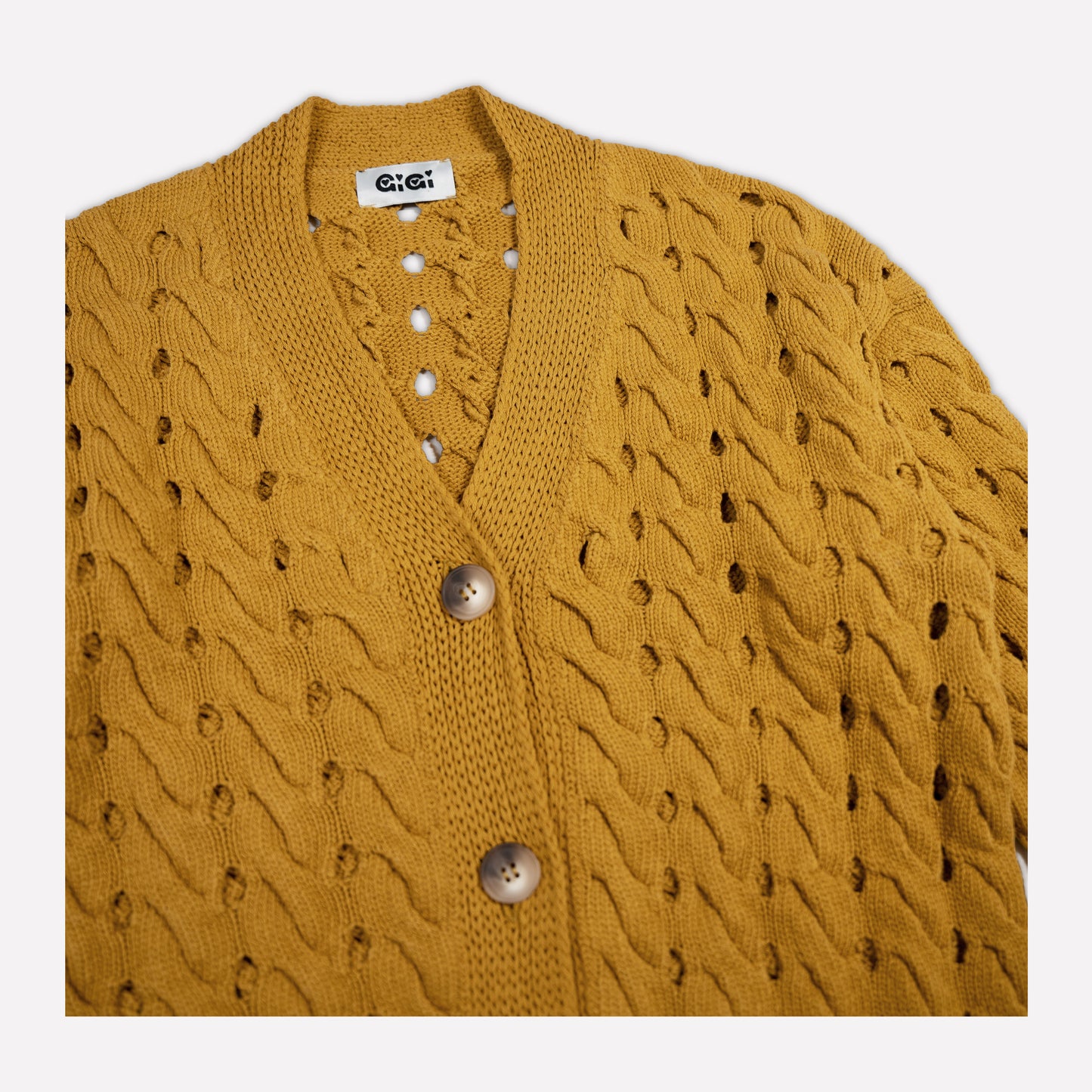 Open Cable Cotton Cardigan in Mustard