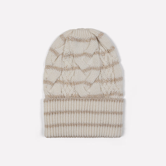 Cable Hat in Ivory & Beige Stripe