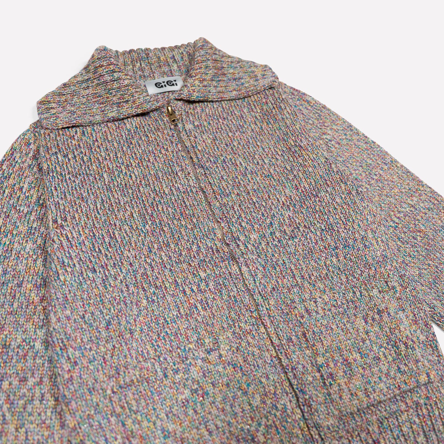 Goldie Zip Cardigan in Beige Multi Lurex