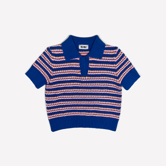Stripe Polo Top In Cobalt Blue Multi