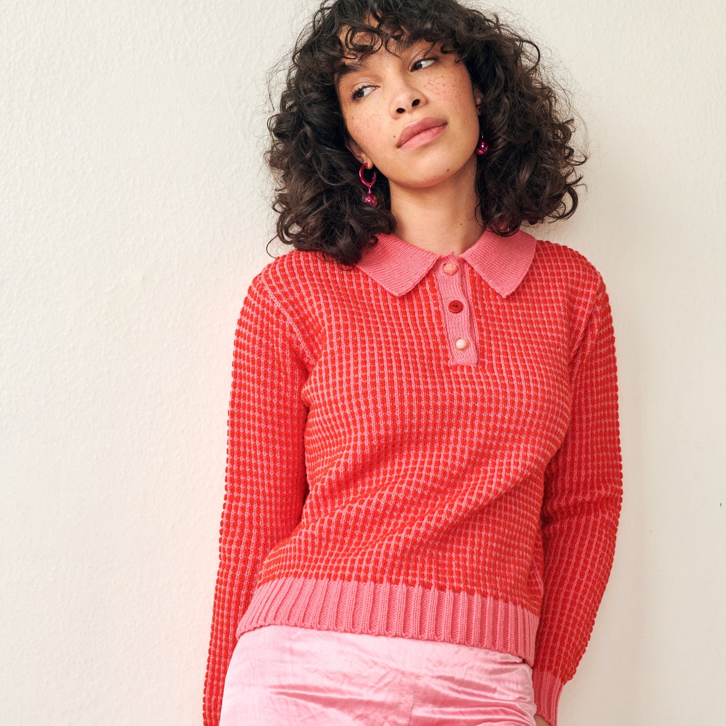 Mismatch Polo Sweater in Pink & Red Stripe