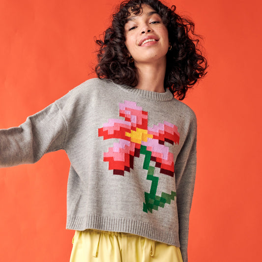 Pixel Flower Sweater in Grey Multi