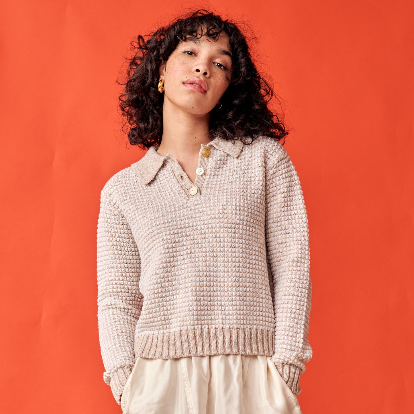 Mismatch Polo Sweater in Beige Marl Stripe