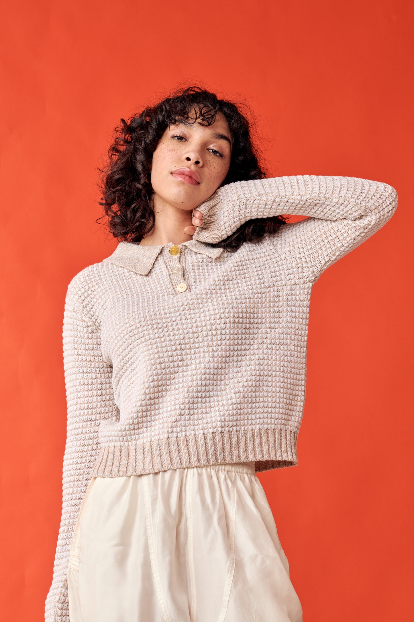 Mismatch Polo Sweater in Beige Marl Stripe