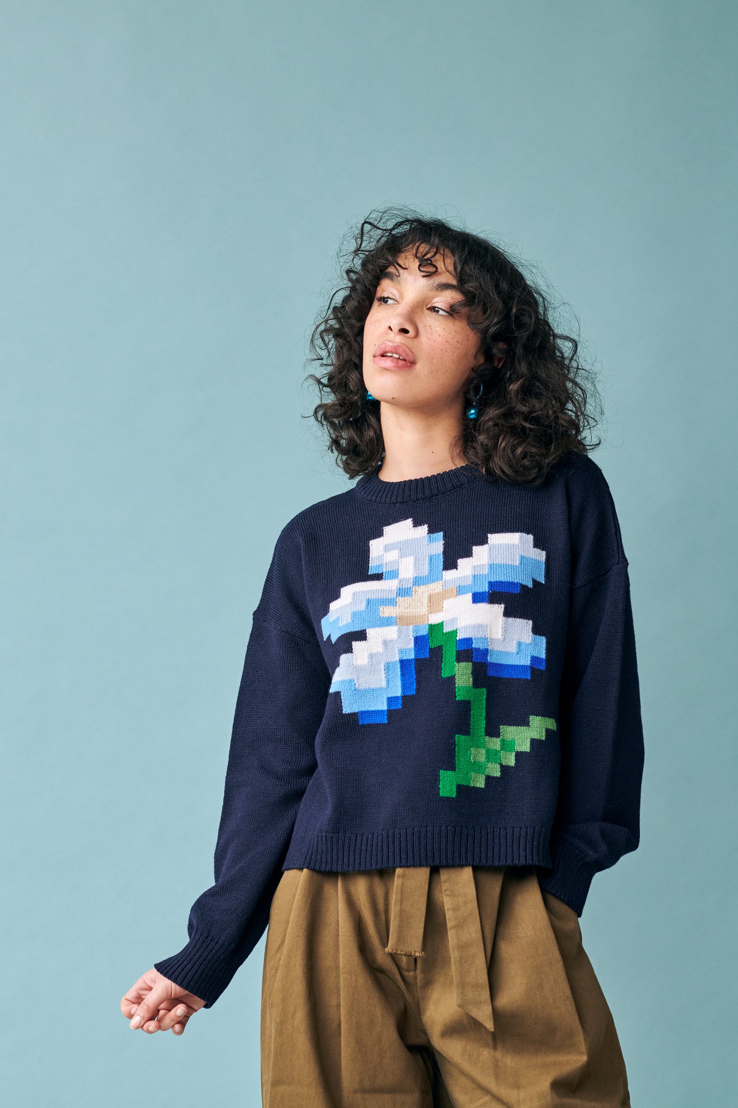 Pixel Flower Sweater in Navy Multi