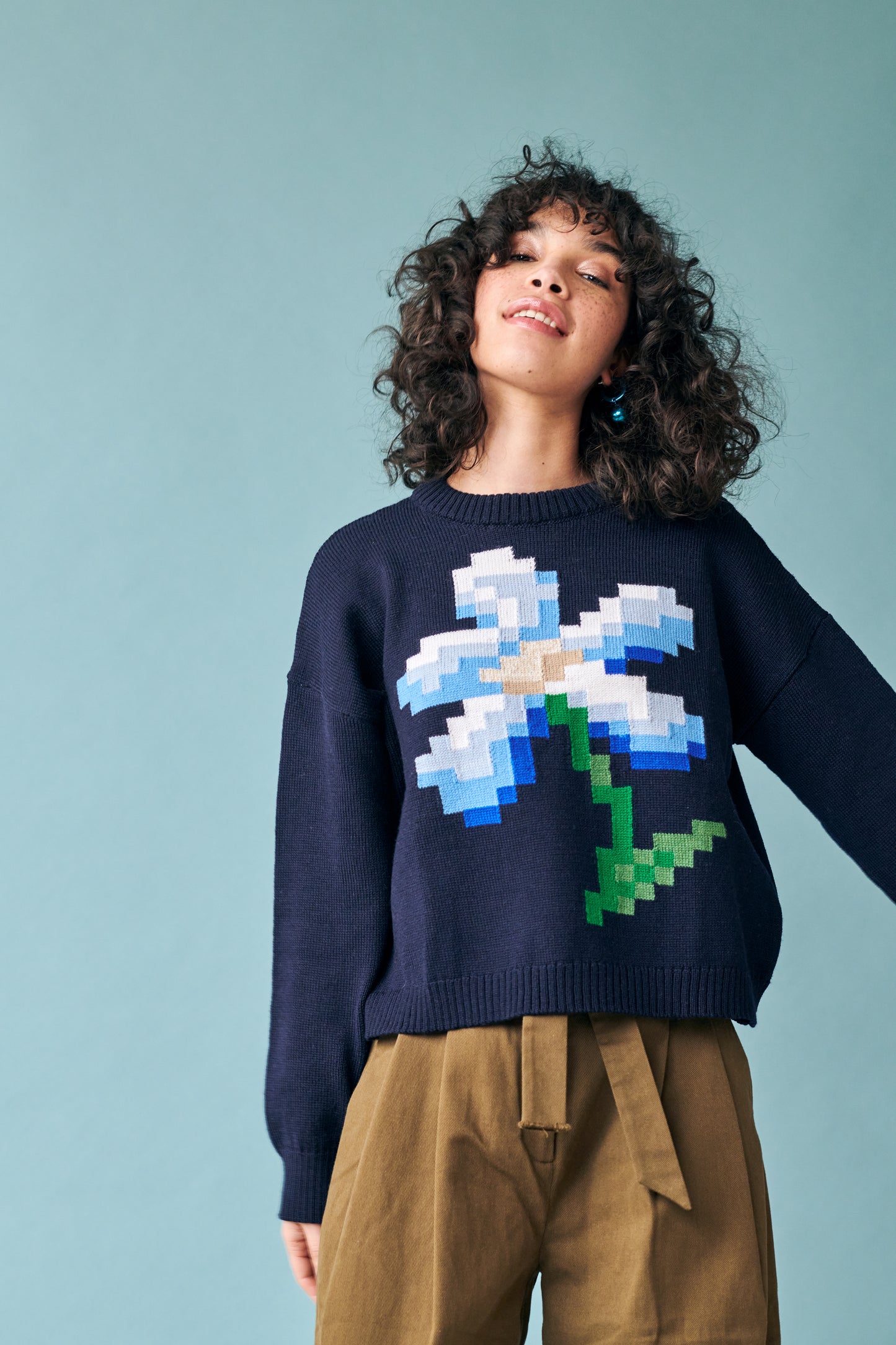 Pixel Flower Sweater in Navy Multi