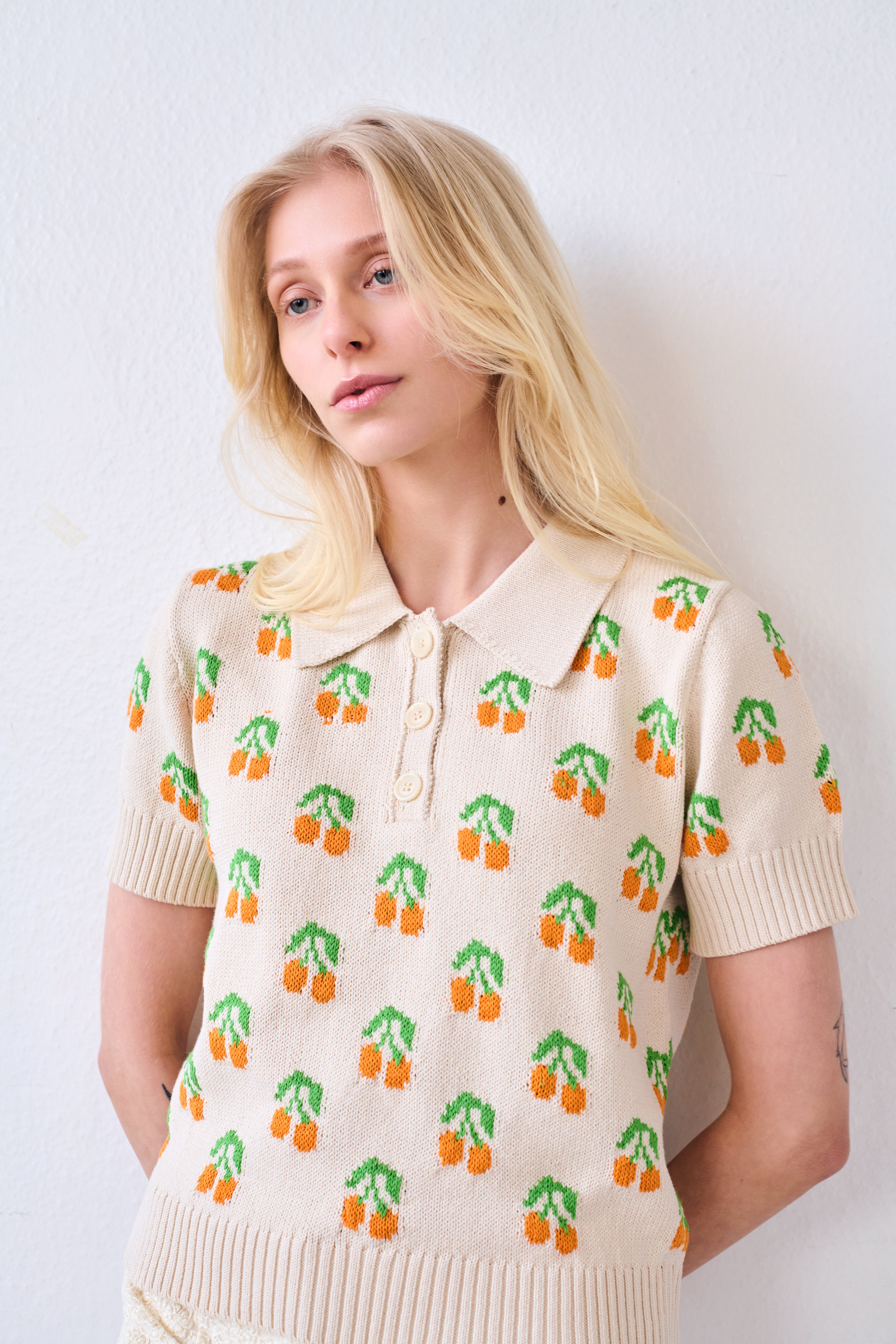 Cotton Cherry Polo Top | Natural with Orange Cherries & Green