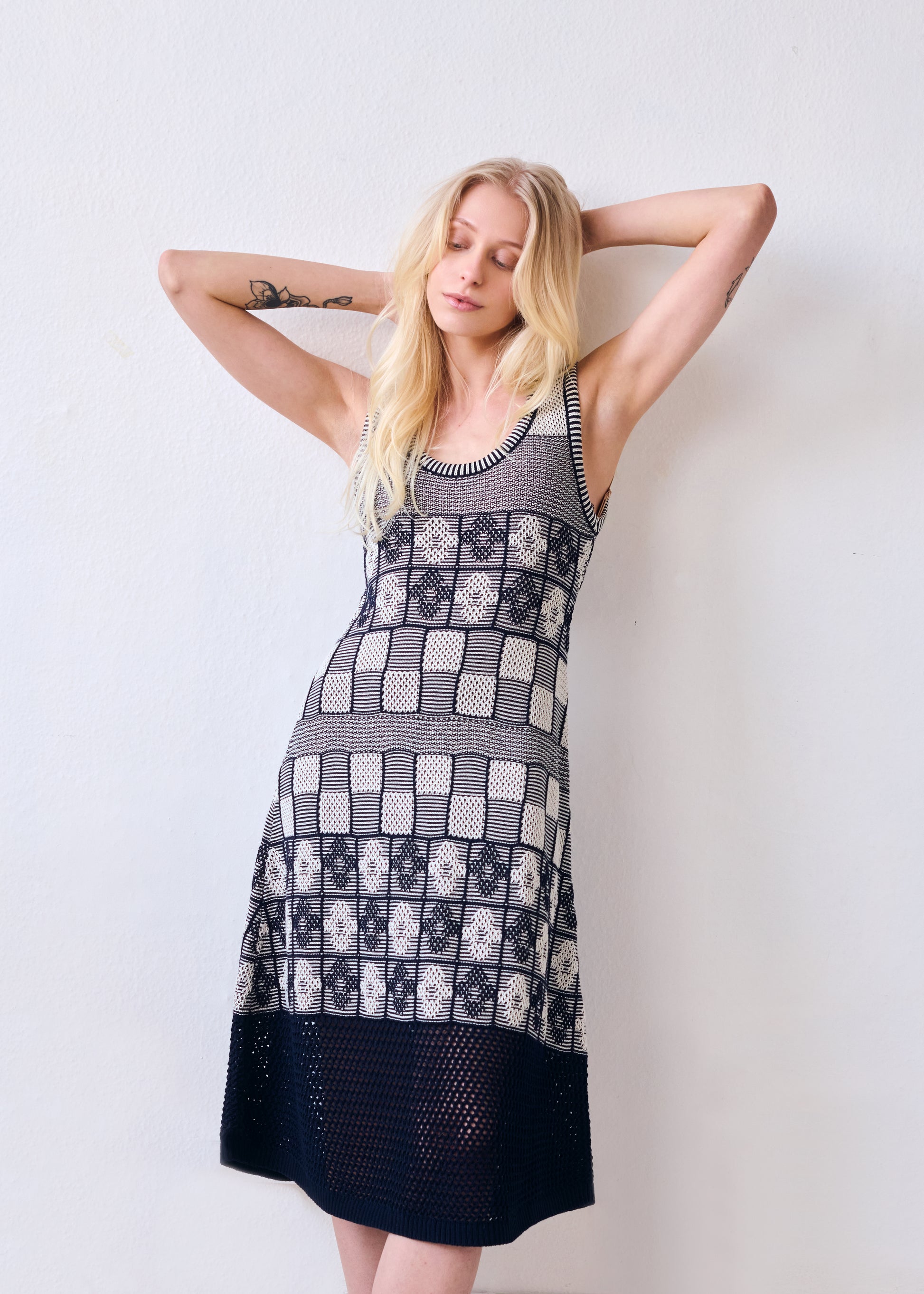 Lila Flower Check Cotton Dress | Navy & Ivory A-Line gigiknitwear.com Lila Flower Check Cotton Dress | Navy & Ivory A-Line gigiknitwear.com