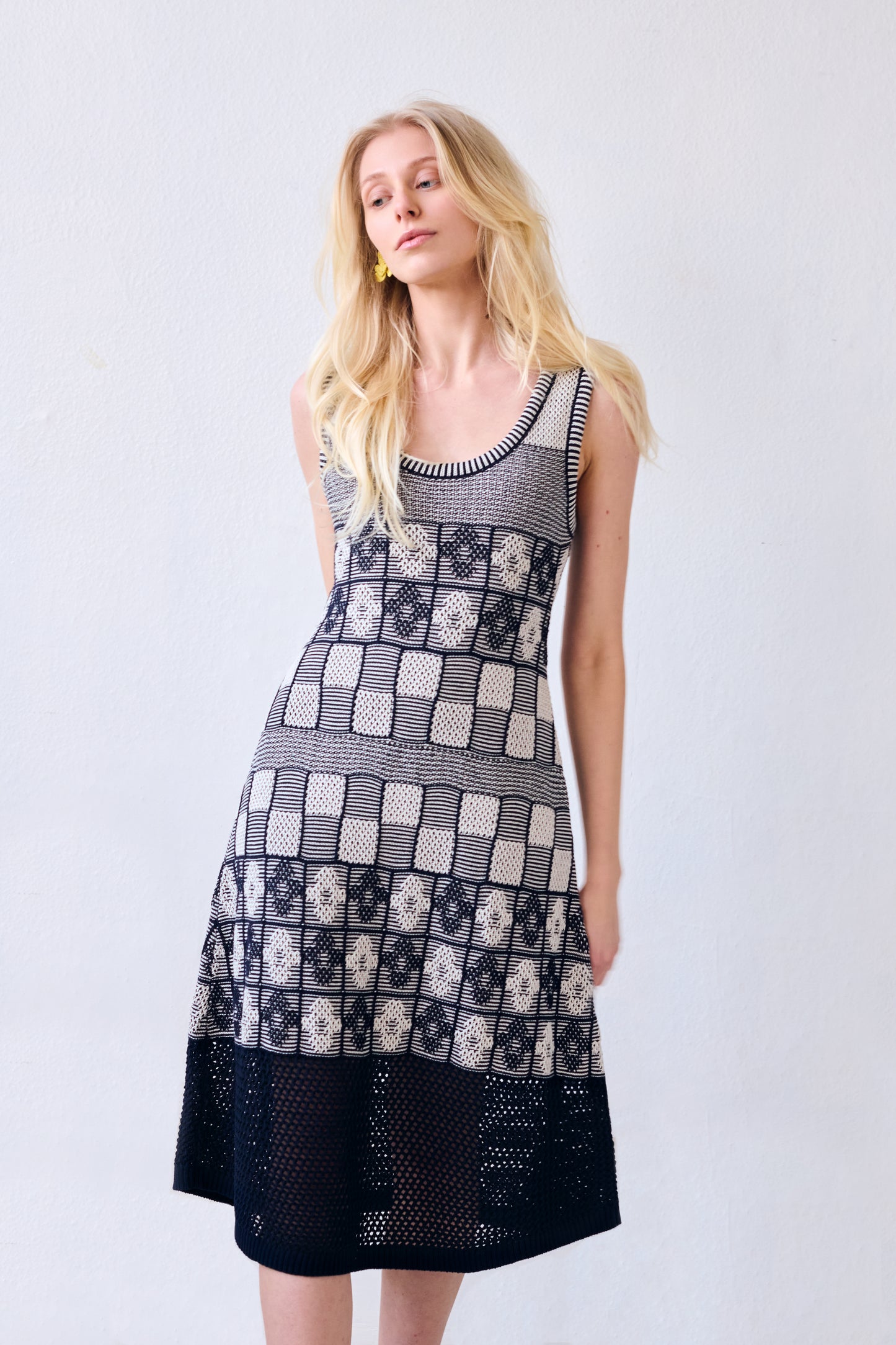 Lila Flower Check Dress, Navy and Ivory