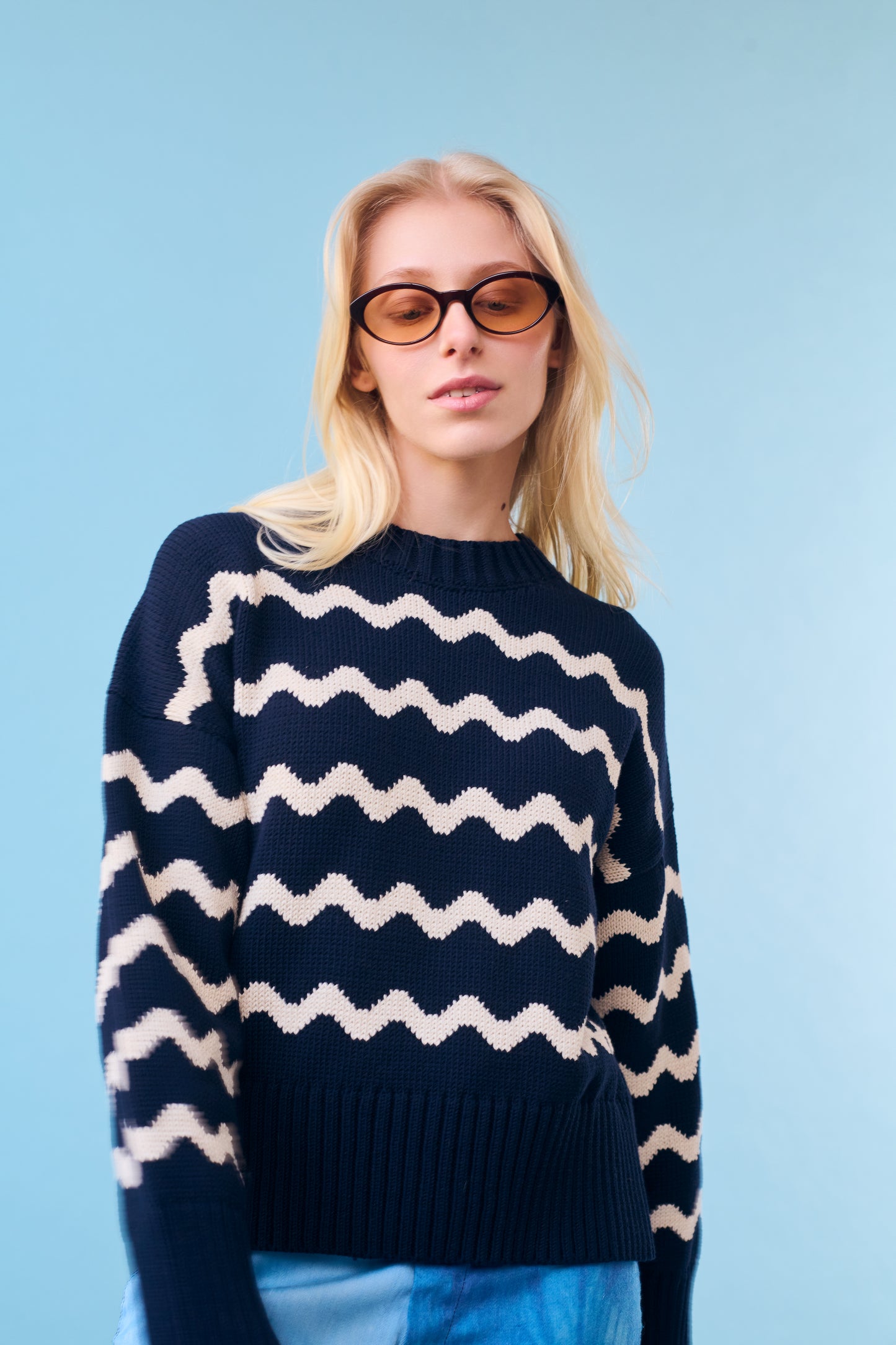 Isla Wavy Stripe Sweater, Navy and Natural