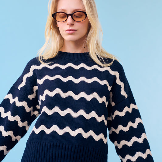 Isla Wavy Stripe Sweater, Navy and Natural