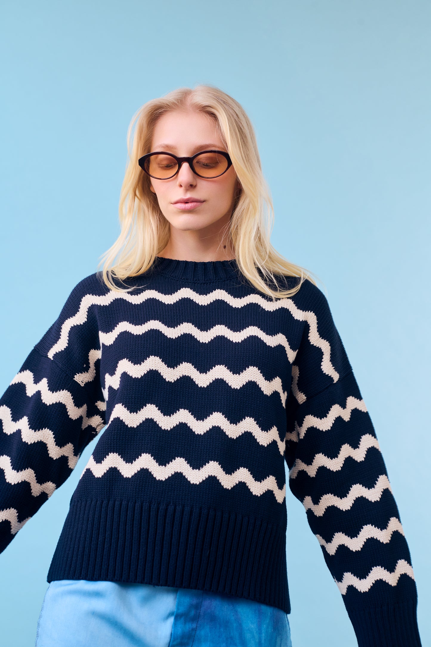 Isla Wavy Stripe Sweater, Navy and Natural