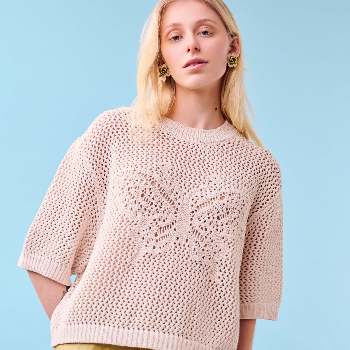 Butterfly Cotton Knit T-shirt in Natural