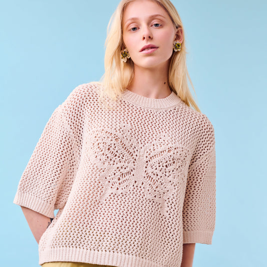 Butterfly Cotton Knit T-shirt in Natural