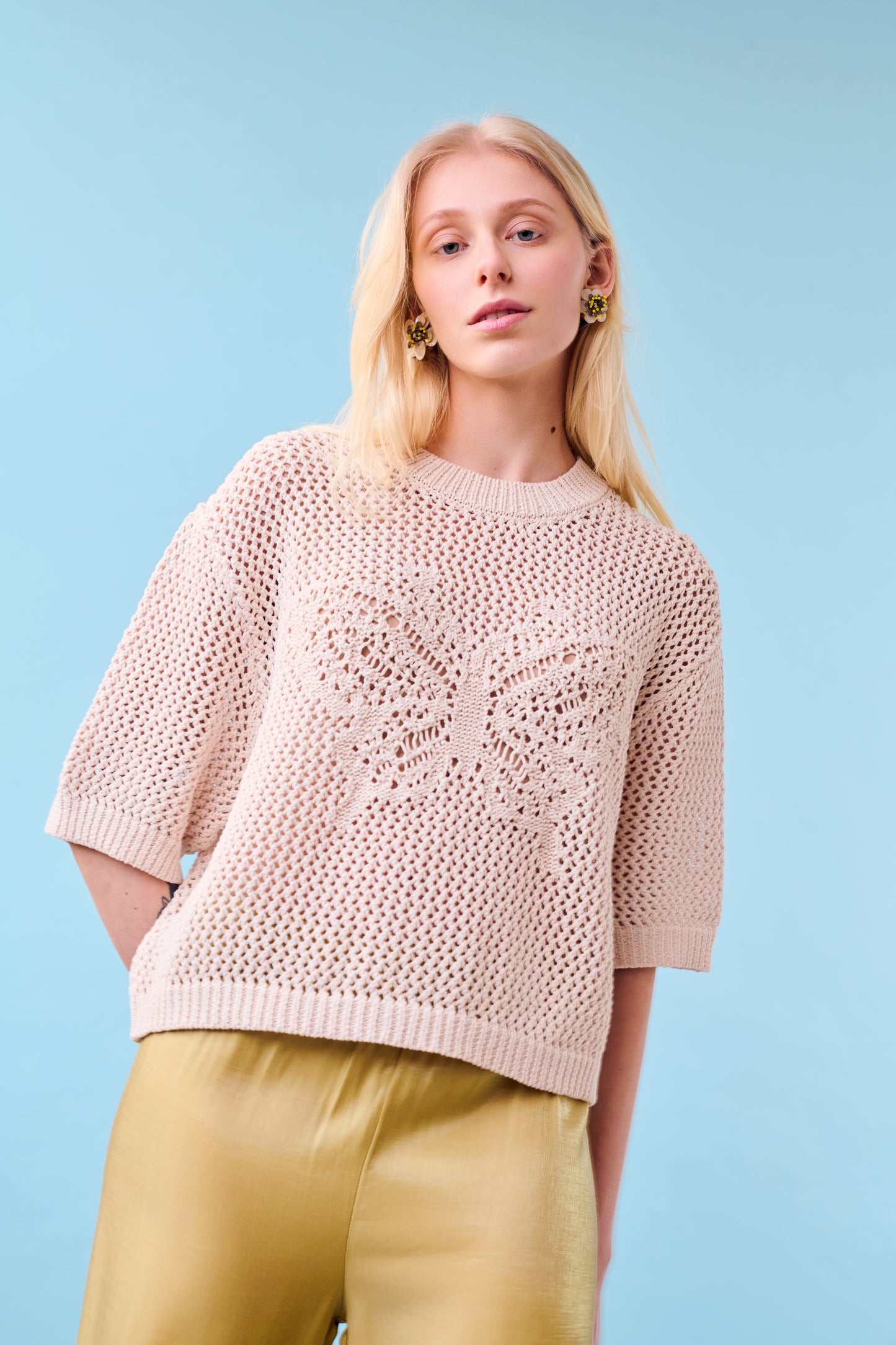 Butterfly Cotton Knit T-shirt in Natural
