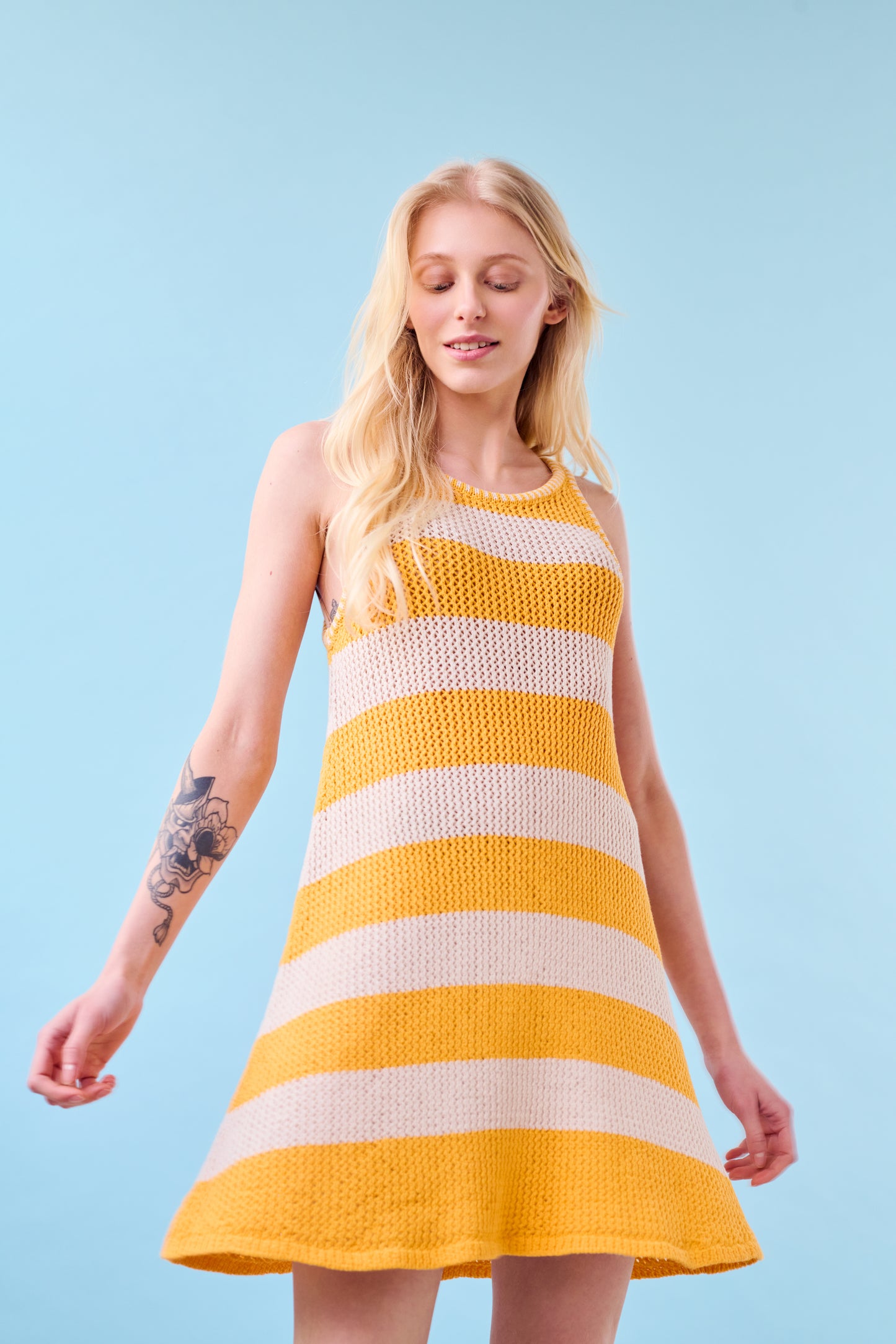 Mesh Cotton Tank Dress in Yellow and Natural