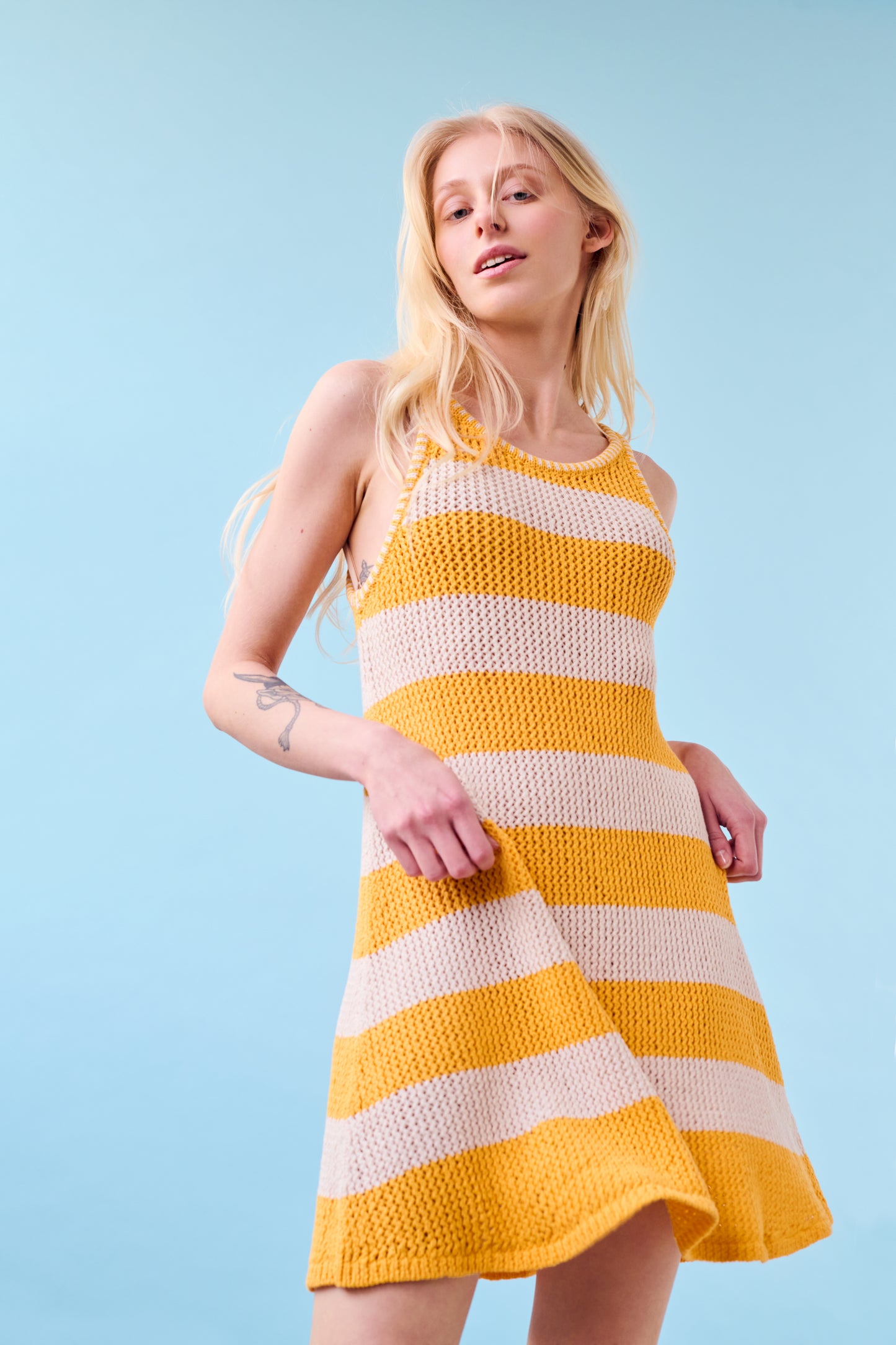 Mesh Cotton Tank Dress in Yellow and Natural